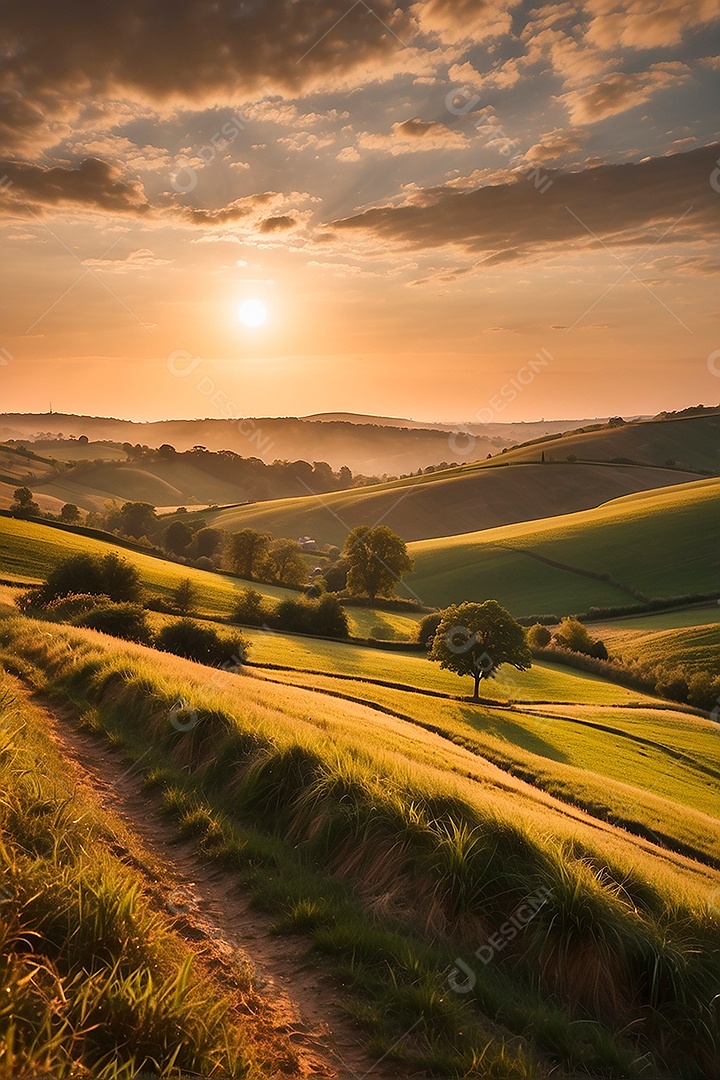Retrato de um campo tranquilo com colinas