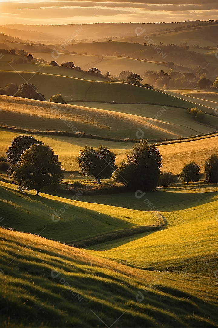 Retrato de um campo tranquilo com colinas