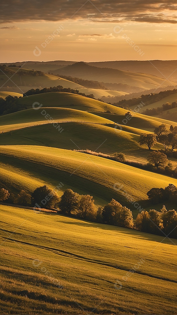 Retrato de um campo tranquilo com colinas