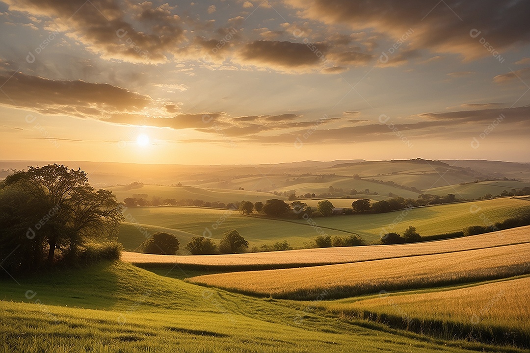 Retrato de um campo tranquilo com colinas