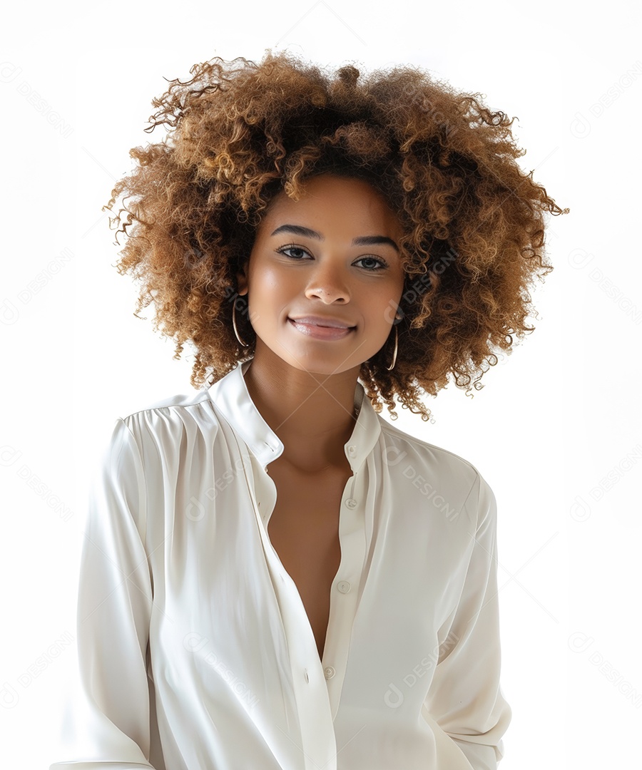 Mulher Mulata Negra Feliz Com Cabelos Crespos Cacheados e Fundo Branco Isolado