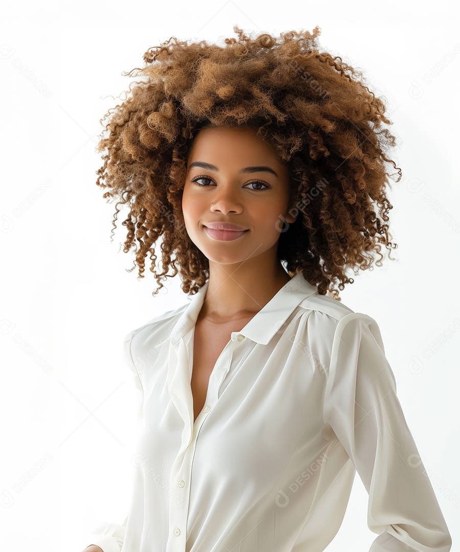Mulher Mulata Negra Feliz Com Cabelos Crespos Cacheados e Fundo Branco Isolado