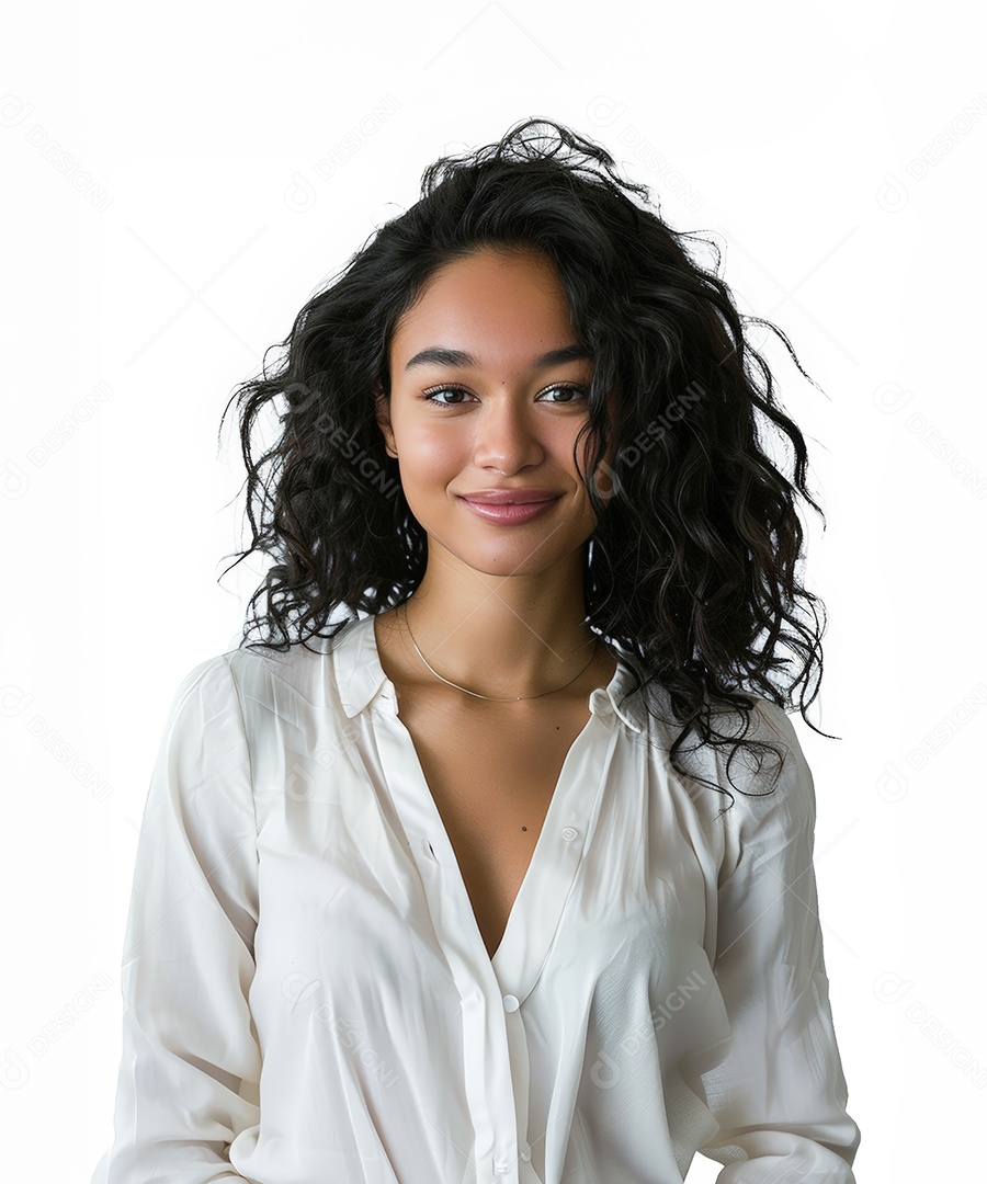 Mulher morena feliz com cabelos crespos cacheados e fundo branco isolado