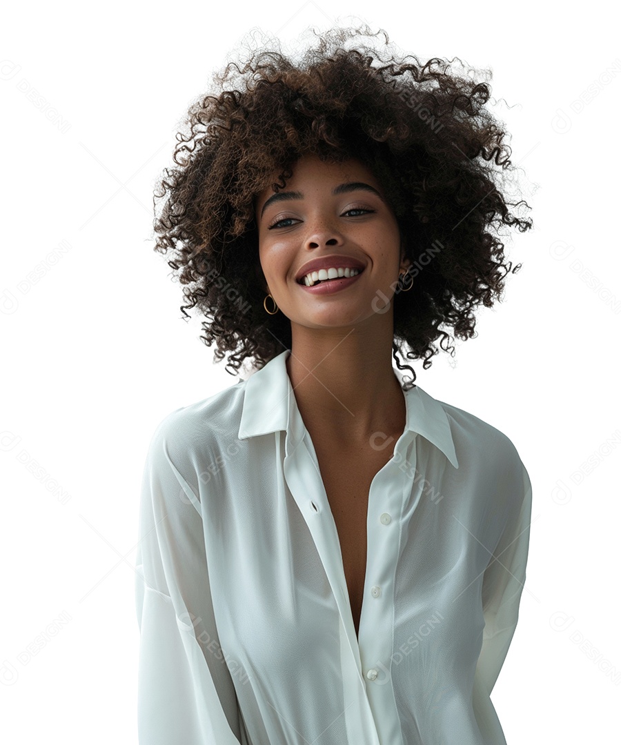 Mulher Mulata Negra Feliz Com Cabelos Crespos Cacheados e Fundo Branco Isolado