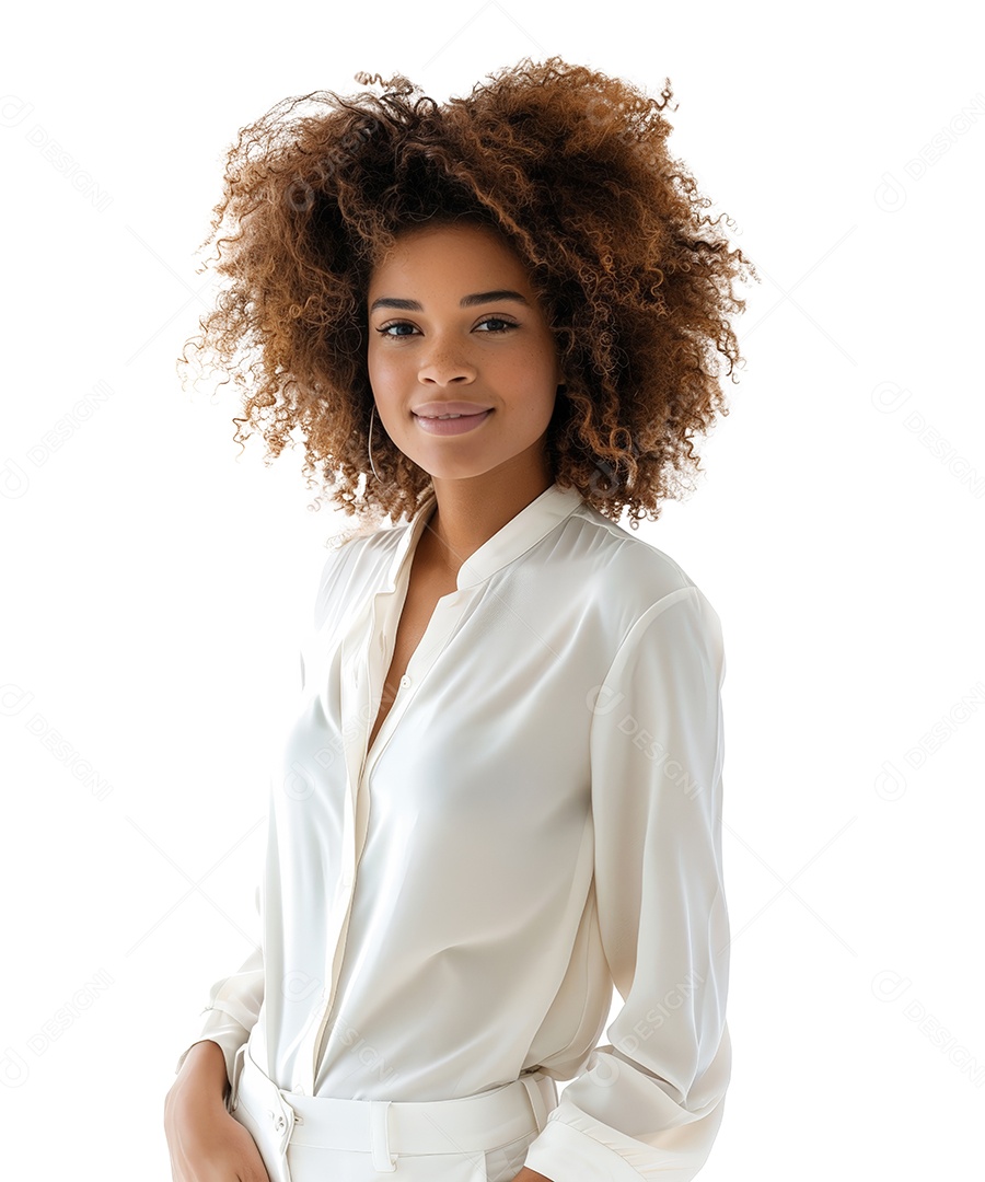 Mulher Mulata Negra Feliz Com Cabelos Crespos Cacheados e Fundo Branco Isolado