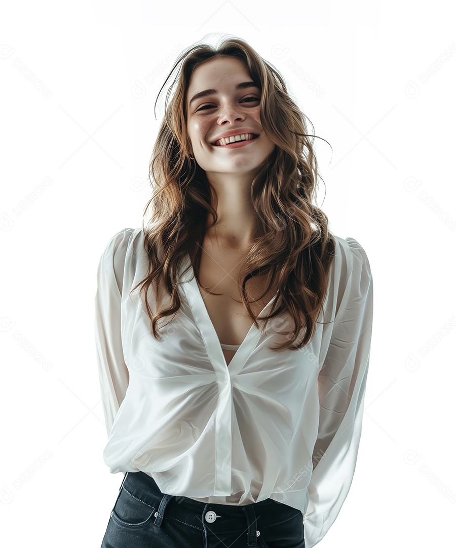 Mulher feliz com cabelos castanhos e fundo branco isolado