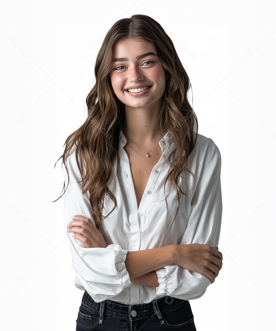Mulher feliz com cabelos castanhos e fundo branco isolado dia das mulheres