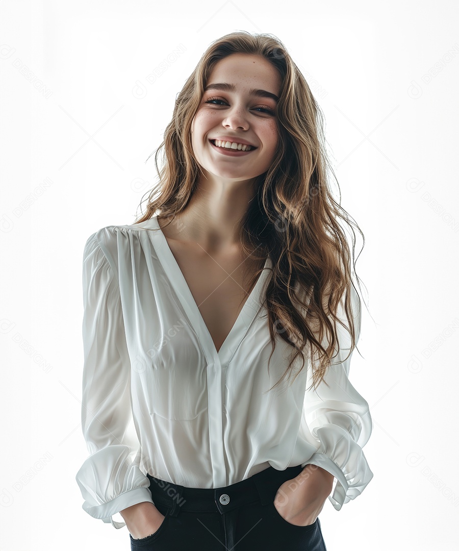 Mulher feliz com cabelos castanhos e fundo branco isolado dia das mulheres