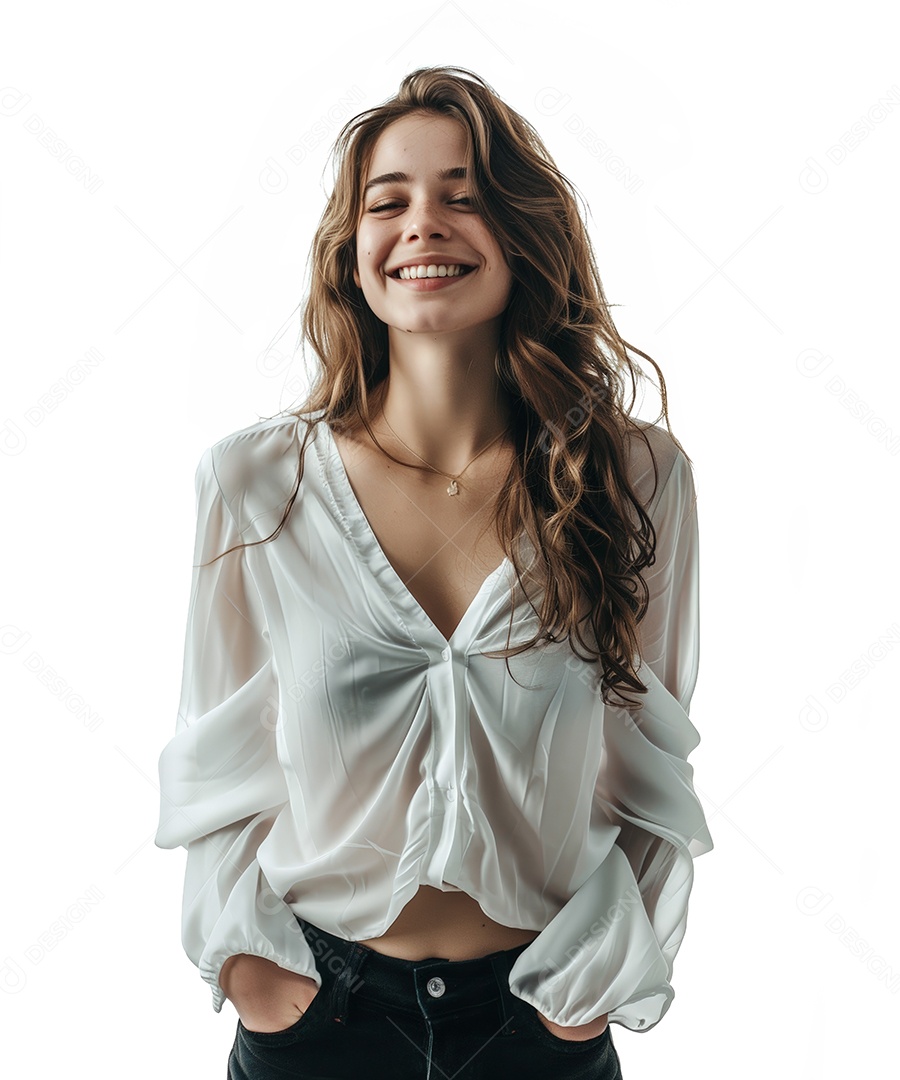 Mulher feliz com cabelos castanhos e fundo branco isolado dia das mulheres