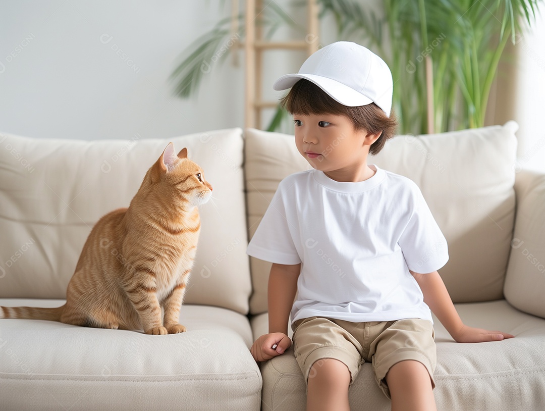Garoto bonito vestindo uma camiseta branca vazia para modelo de design relaxando com seu gato na sala de estar
