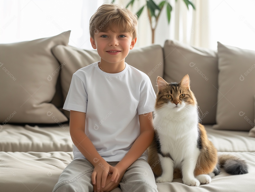 Garoto bonito vestindo uma camiseta branca vazia para modelo de design relaxando com seu gato na sala de estar