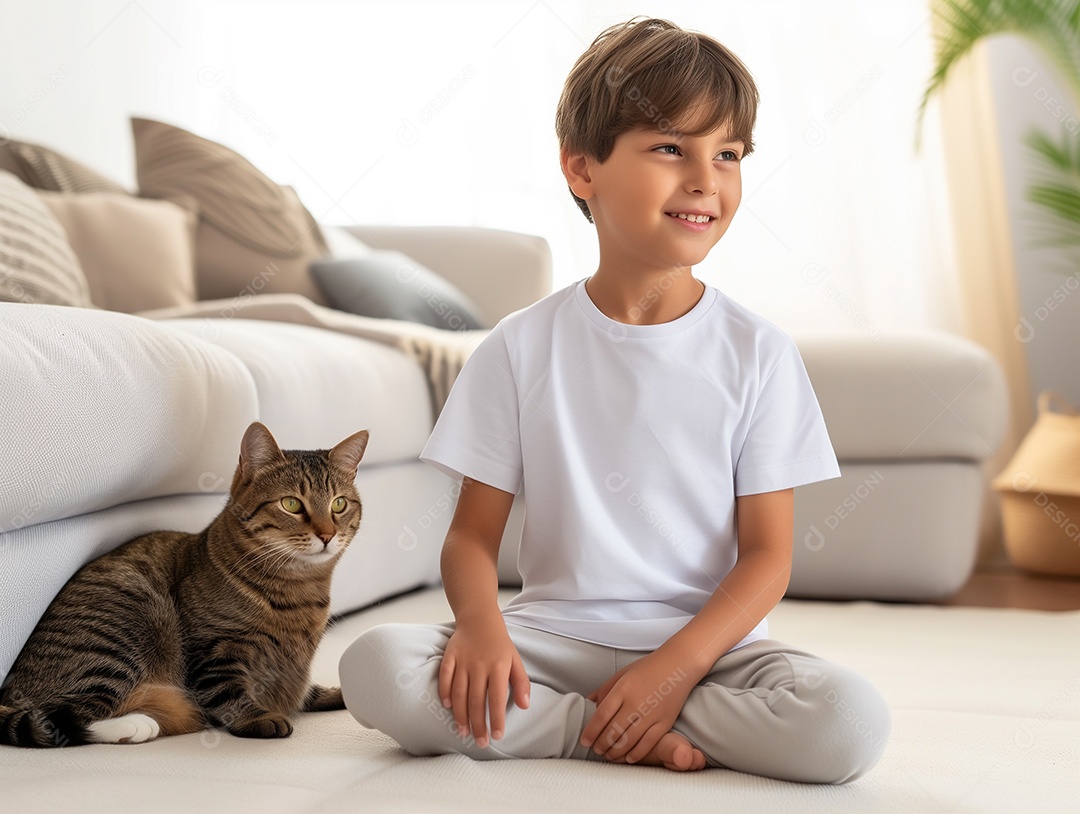 Garoto bonito vestindo uma camiseta branca vazia para modelo de design relaxando com seu gato na sala de estar