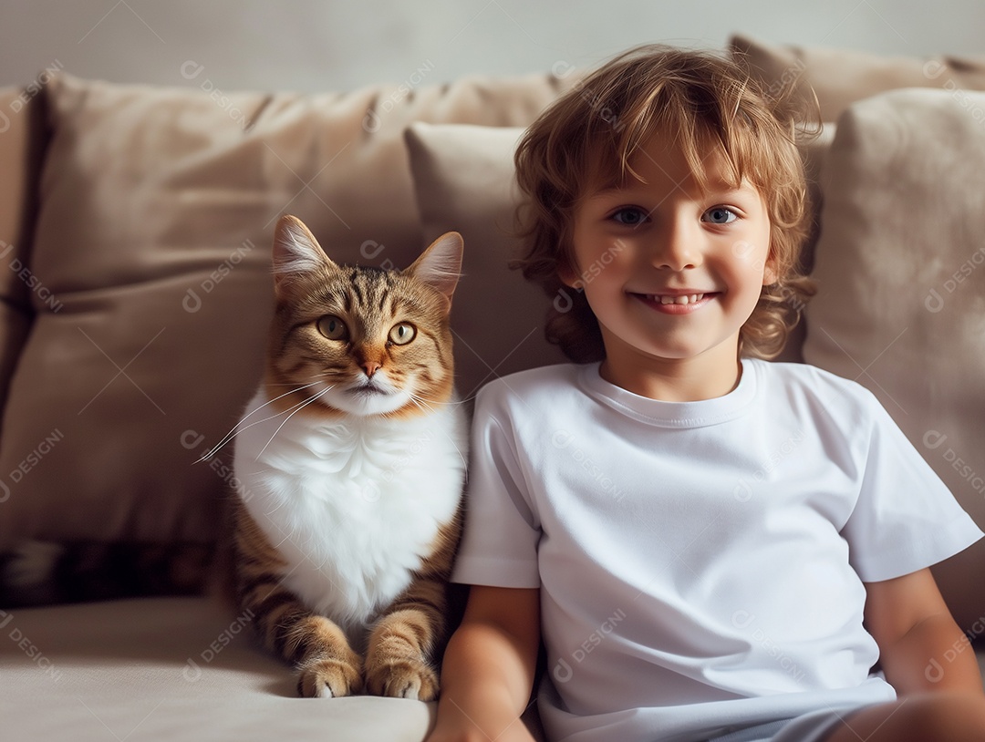 Garoto bonito vestindo uma camiseta branca vazia para modelo de design relaxando com seu gato na sala de estar