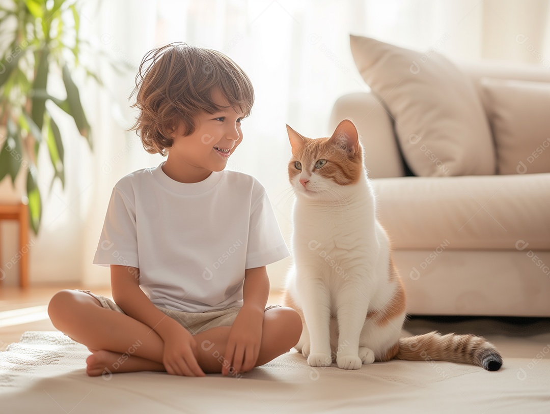 Garoto bonito vestindo uma camiseta branca vazia para modelo de design relaxando com seu gato na sala de estar
