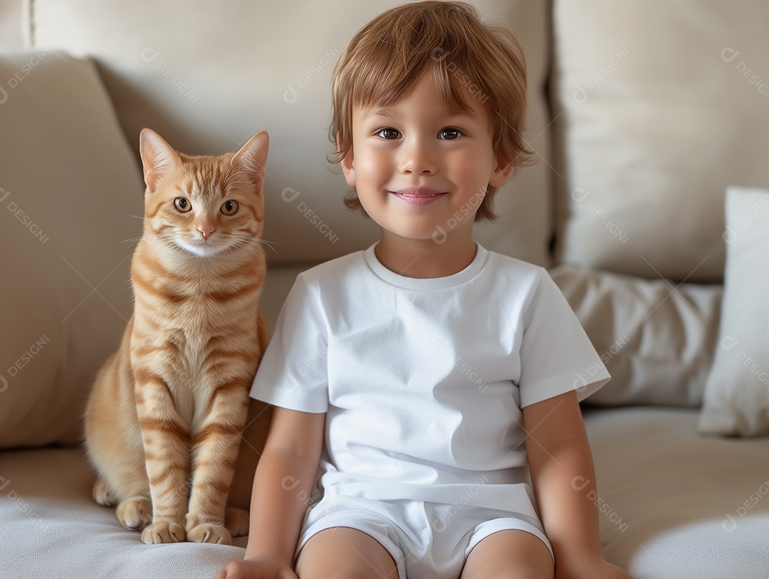 Garoto bonito vestindo uma camiseta branca vazia para modelo de design relaxando com seu gato na sala de estar
