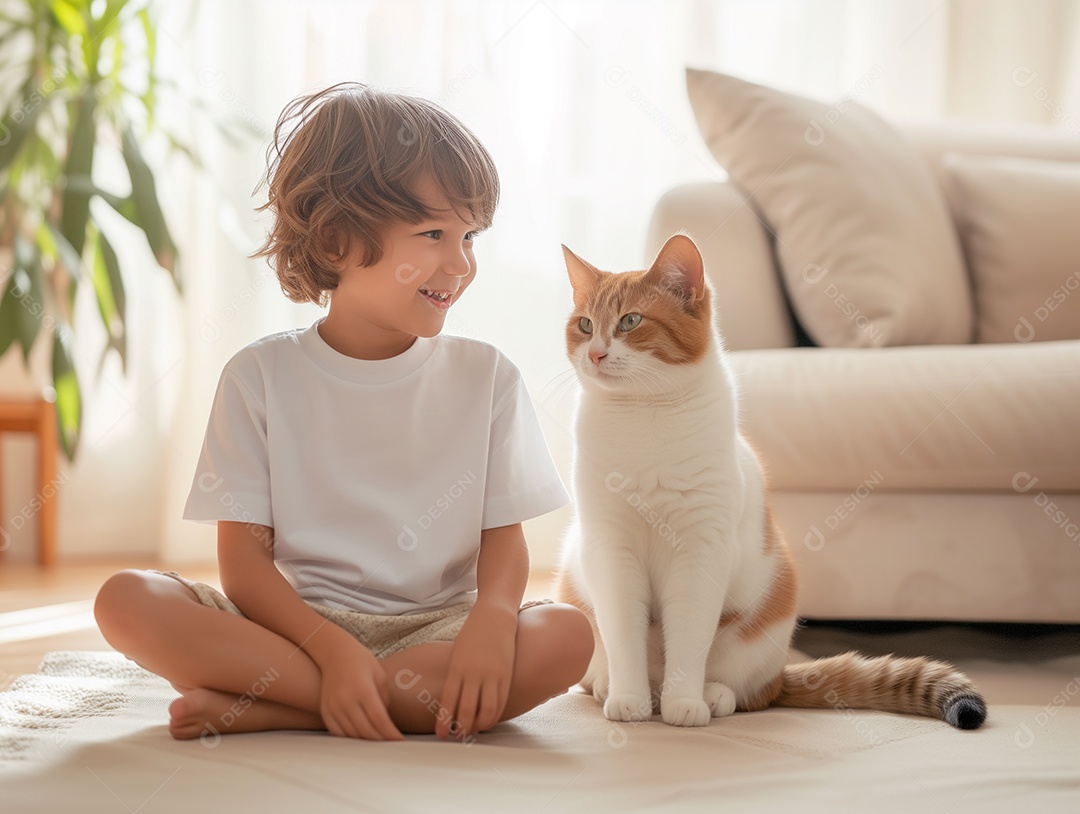 Garoto bonito vestindo uma camiseta branca vazia para modelo de design relaxando com seu gato na sala de estar