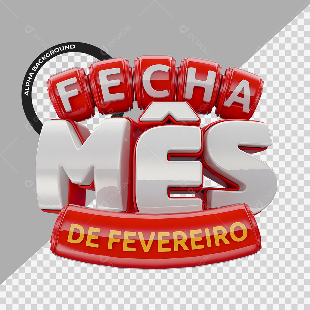 Fecha Mês de Fevereiro Selo 3D Vermelho e Branco para Composição PSD