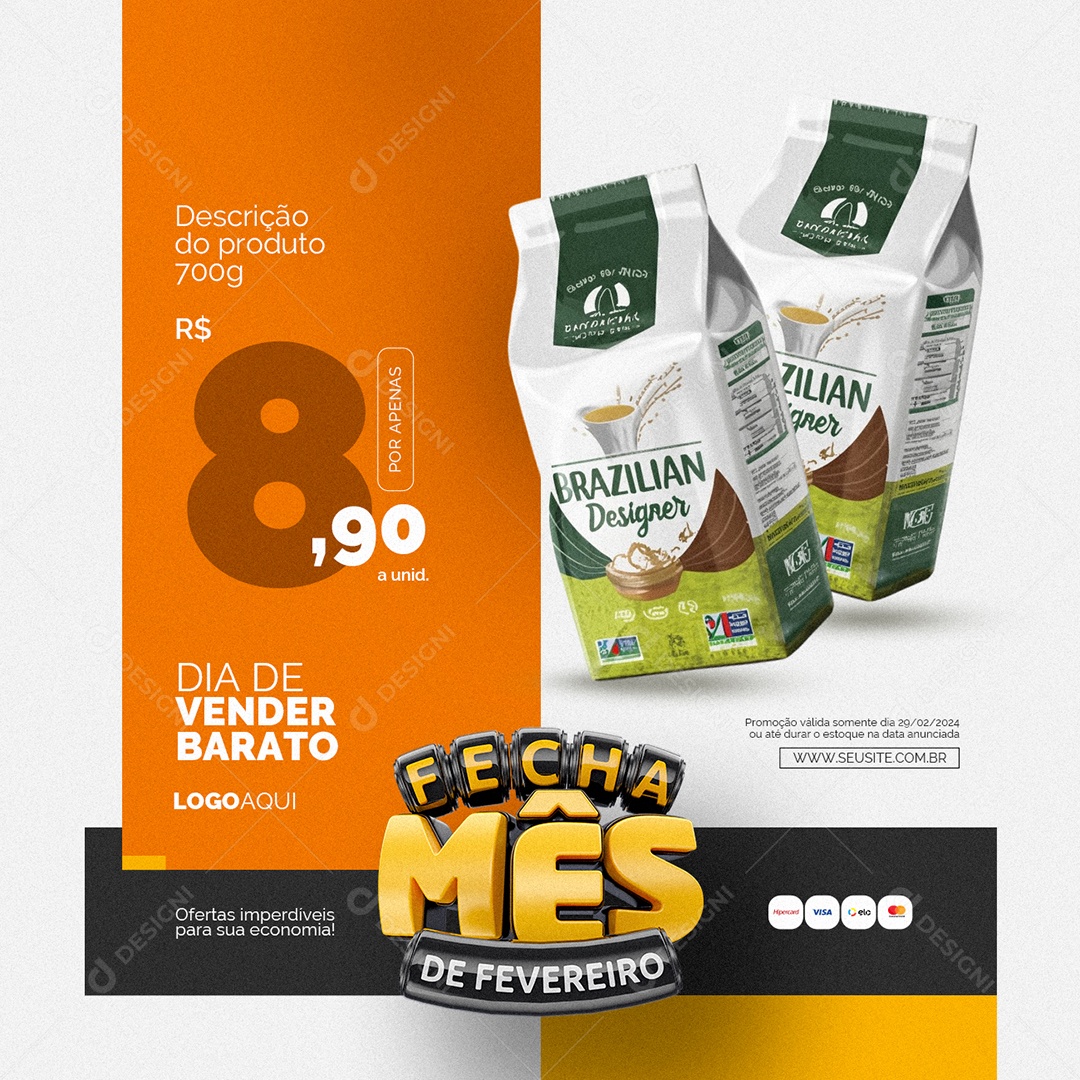 Fecha Mês De Fevereiro Supermercado Dia de Vender Barato Brazilian Social Media PSD Editável