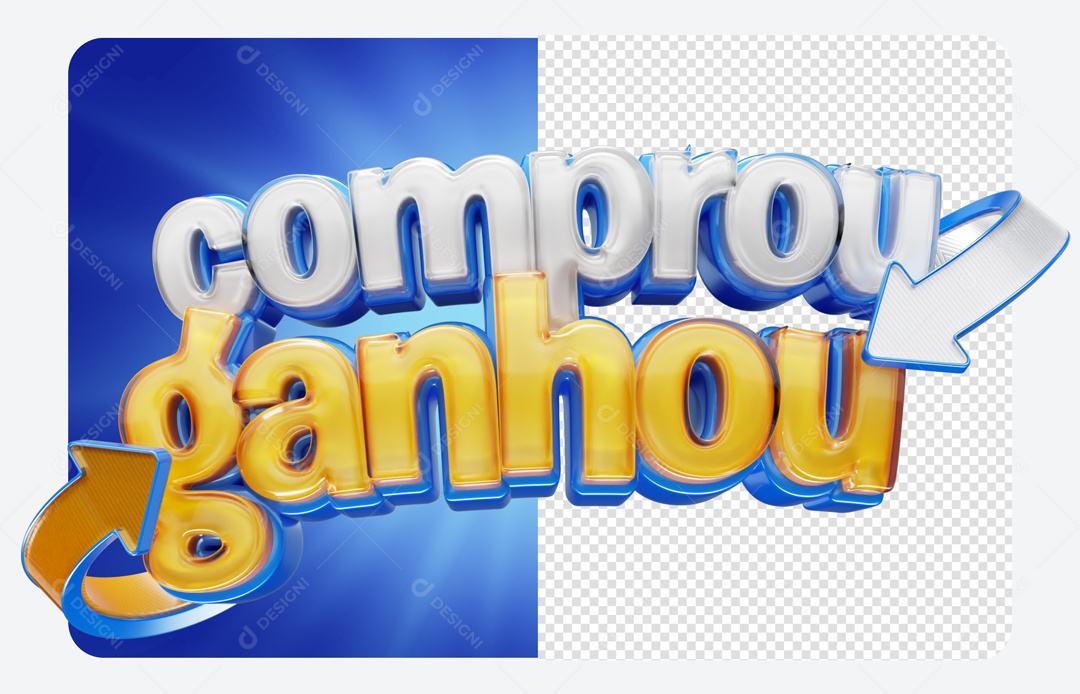 Comprou Ganhou Selo 3D Branco Dourado Azul para Composição PSD