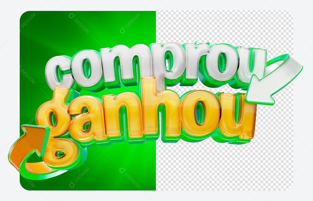 Comprou Ganhou Selo 3D Branco Dourado Verde para Composição PSD
