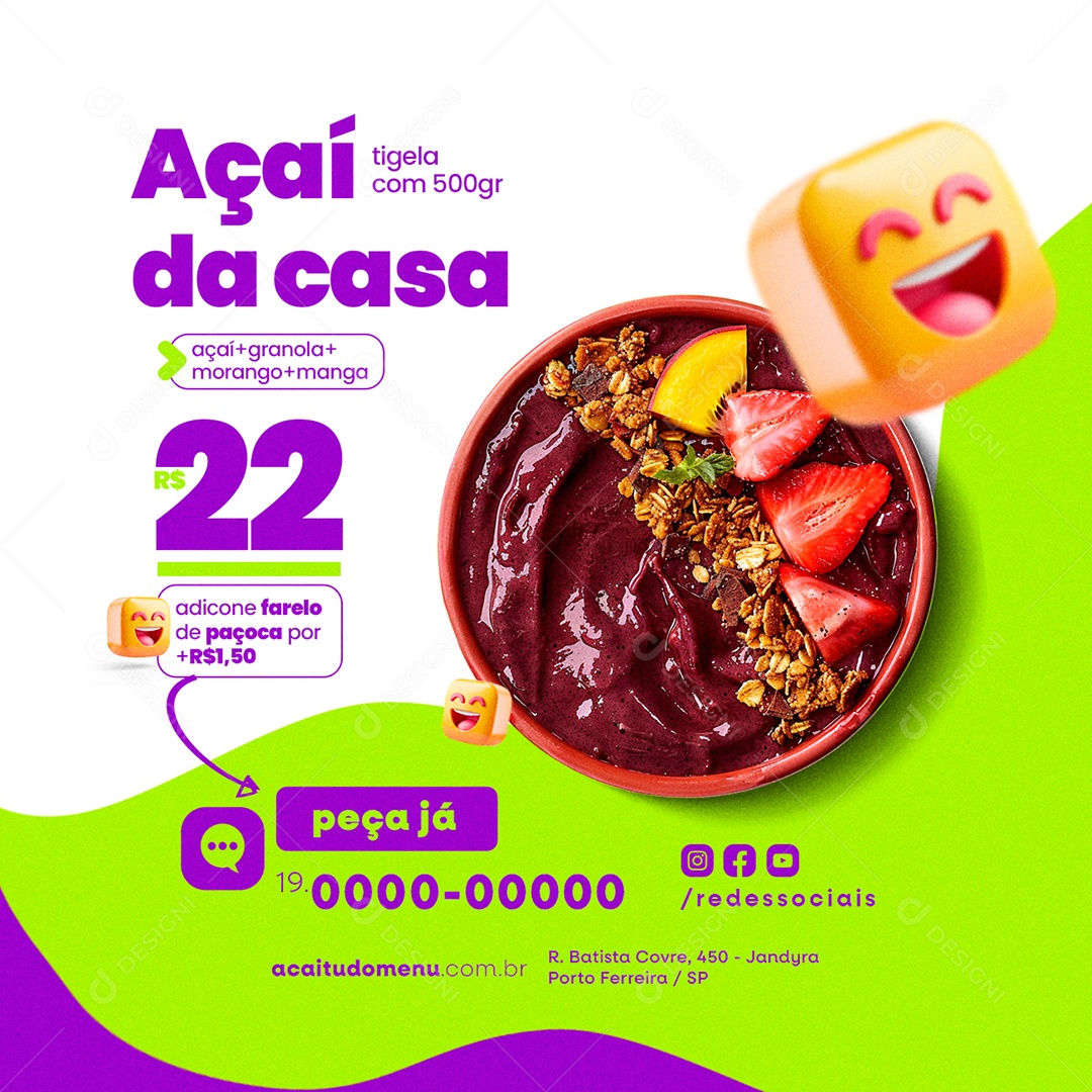 Açaiteria Açaí da casa tigela açaí granola morango manga peça já Social Media PSD Editável