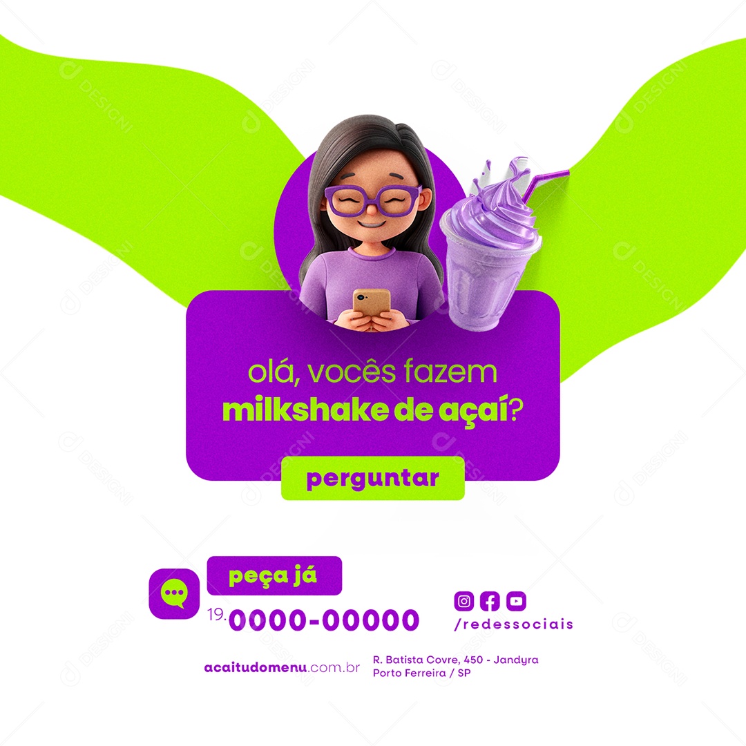 Açaiteria olá vocês fazem mil shake de açaí Social Media PSD Editável