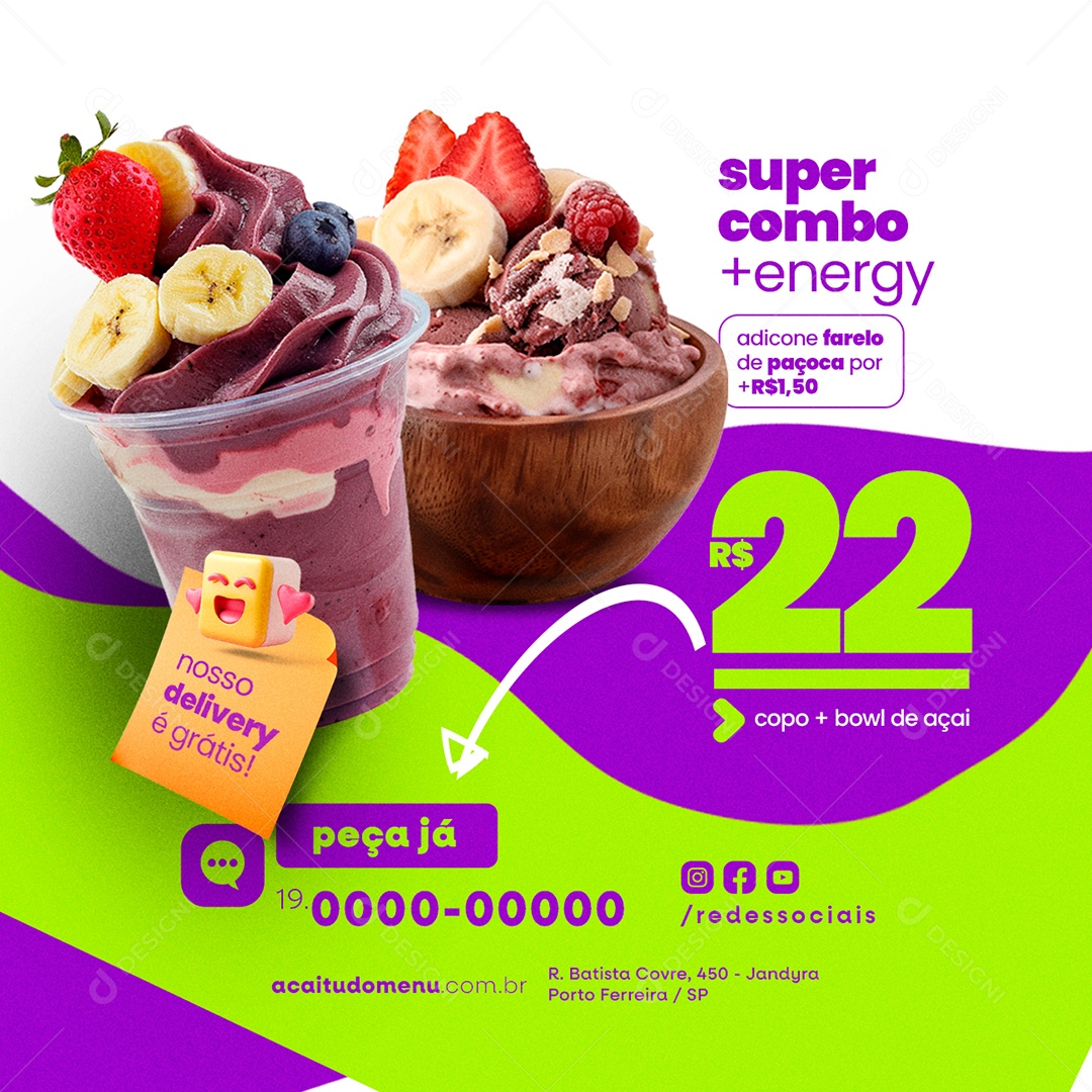 Açaiteria super combo energy copo de açaí tigela de açaí Social Media PSD Editável