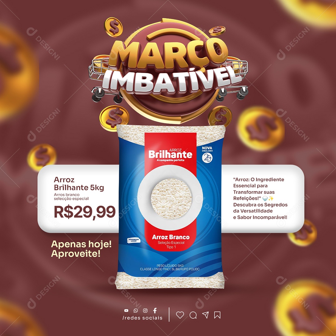 Março Imbatível Supermercado Arroz Brilhante 5kg Social Media PSD Editável