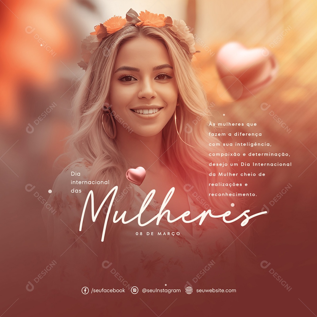 Dia Internacional das Mulheres 8 de Março Cheio de Realizações e Reconhecimento Social Media PSD Editável
