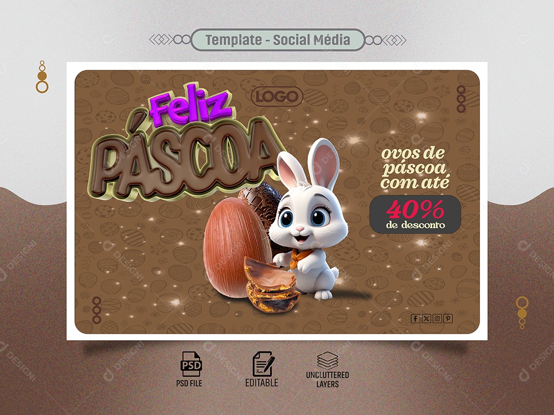 Banner Feliz Páscoa Ovos com 40% de Desconto Social Media PSD  Editável