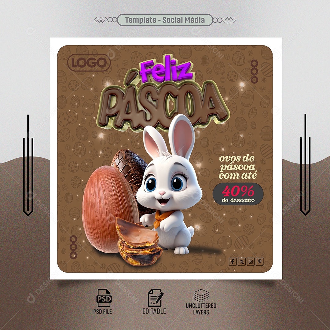 Feed Feliz Páscoa Ovos com 40% de Desconto Social Media PSD  Editável