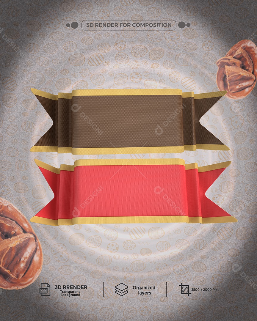 Fitas de Páscoa Elemento 3D Marron Vermelho Dourado para Composição PSD