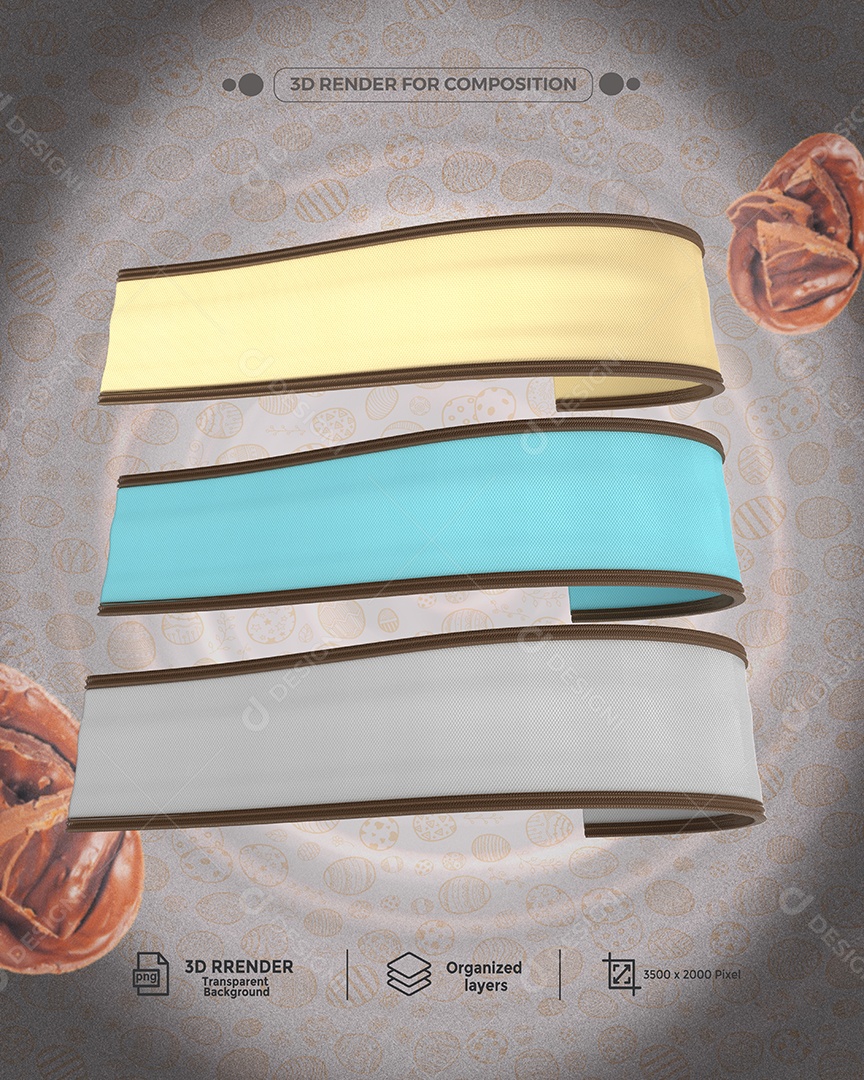 Fitas de Páscoa Elemento 3D Azul Amarelo Cinza para Composição PSD