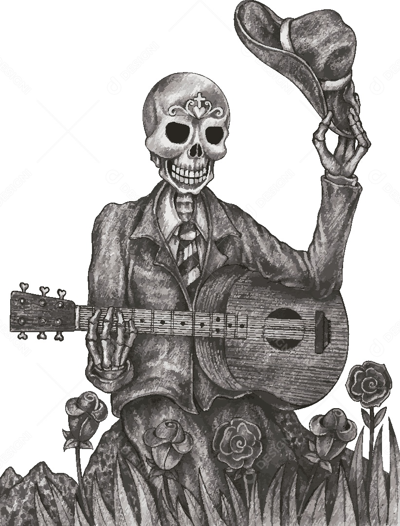 Desenho de Músico Caveira Feito a Mão Vetor EPS