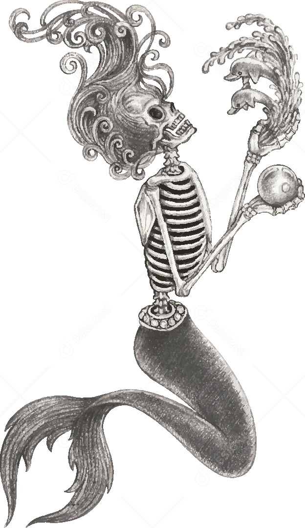 Desenho de Sereia Caveira Feito a Mão Vetor EPS