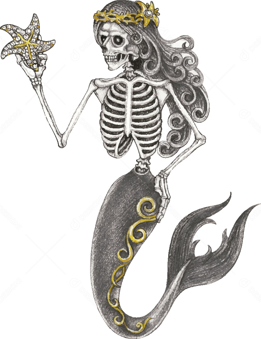 Desenho de Sereia Caveira Feito a Mão Vetor EPS