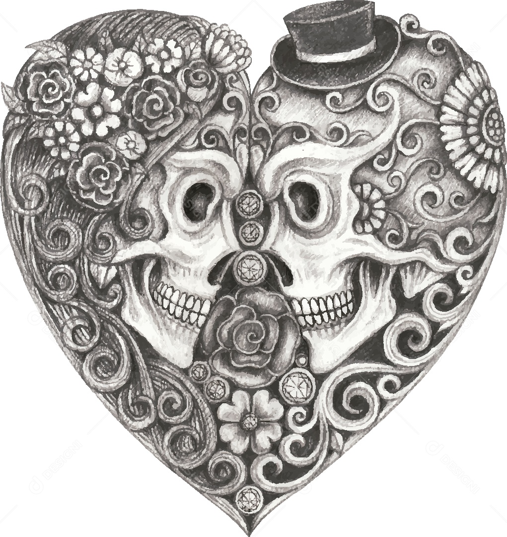 Desenho de Casal Caveira Feito a Mão Vetor EPS