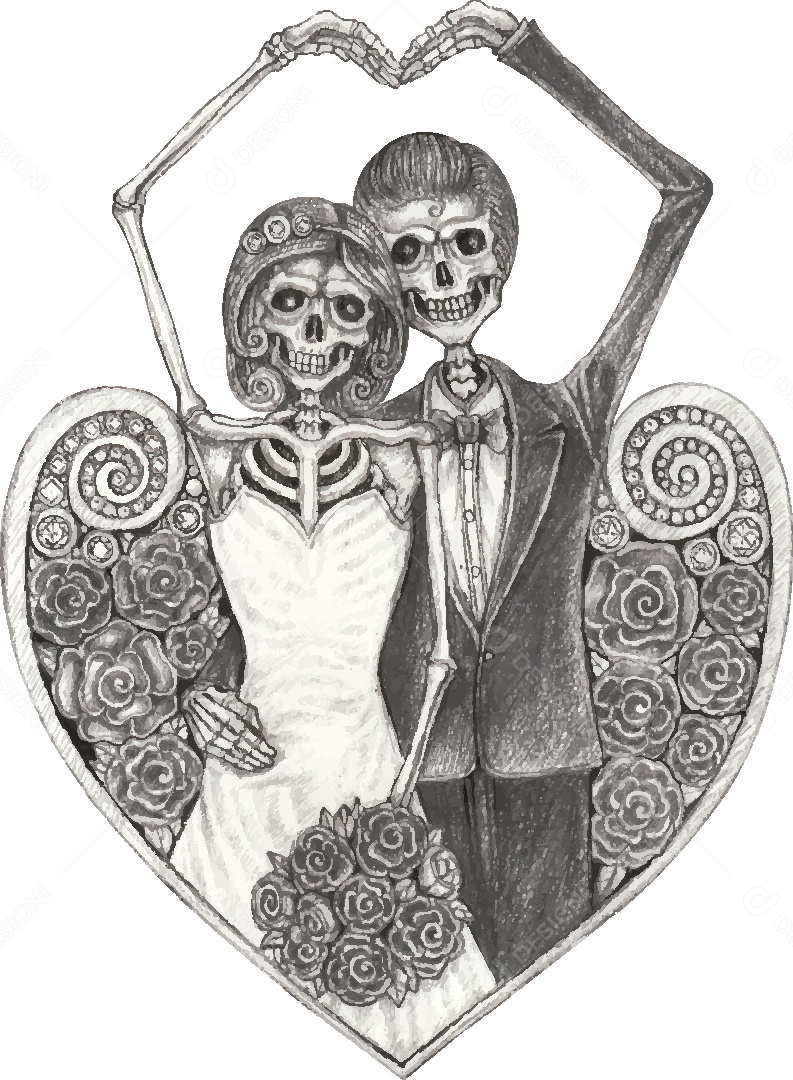 Desenho de Casal Caveira Feito a Mão Vetor EPS