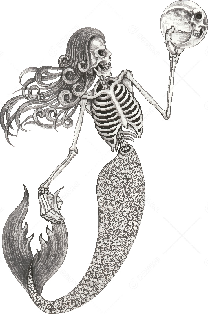 Desenho de Sereia Caveira Feito a Mão Vetor EPS