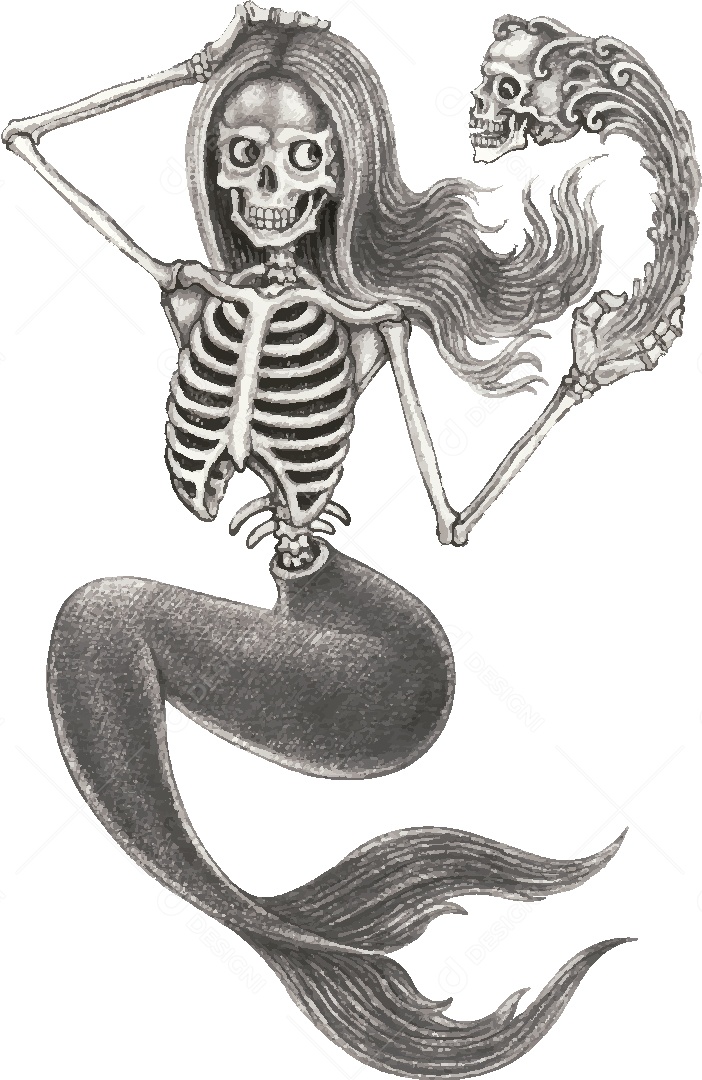 Desenho de Sereia Caveira Feito a Mão Vetor EPS