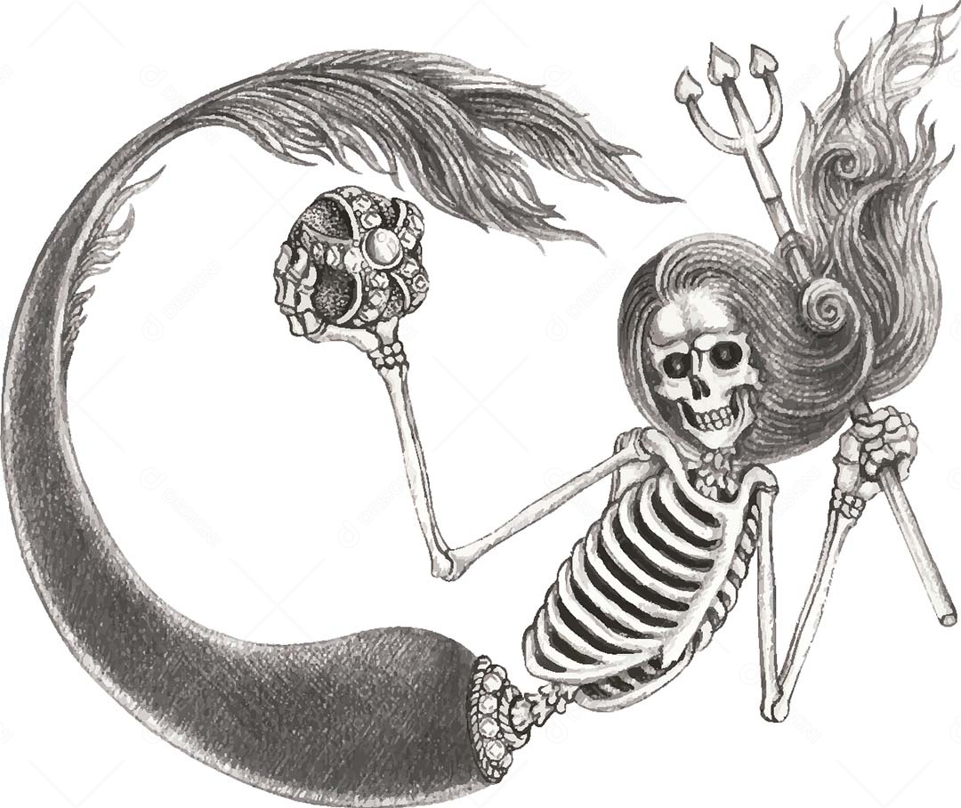 Desenho de Sereia Caveira Feito a Mão Vetor EPS
