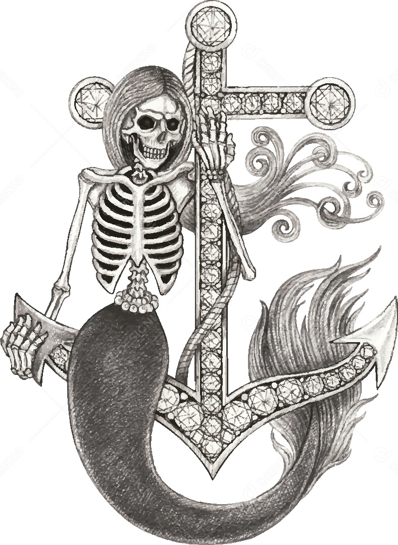 Desenho de Sereia Caveira Feito a Mão Vetor EPS