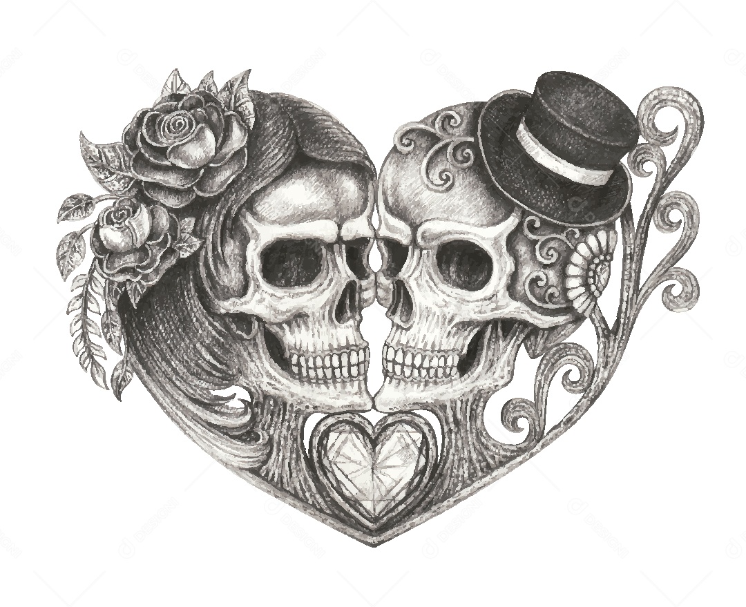 Estampa de Casal de Caveira Desenho Vetor EPS