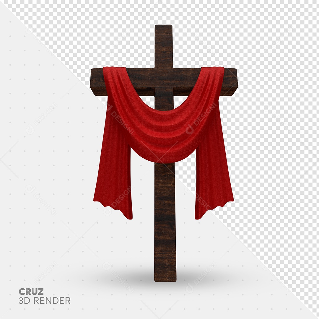 Elemento 3D Cruz com Véu Vermelho de Páscoa para Composição PSD