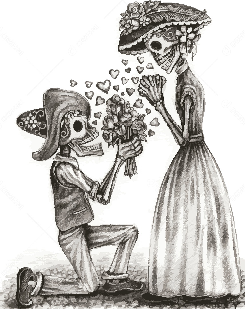 Estampa de Casal de Caveira Desenho Vetor EPS