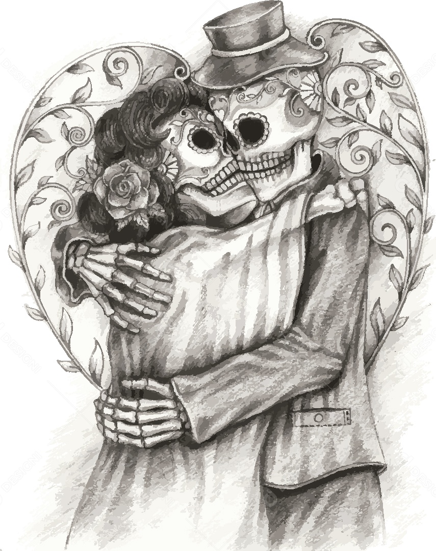 Estampa de Casal de Caveira Ilustração Vetor EPS