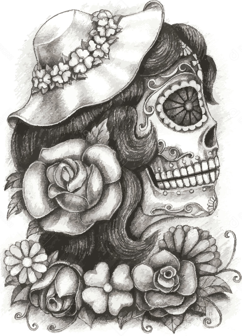 Estampa de Caveira Feminina Ilustração Vetor EPS