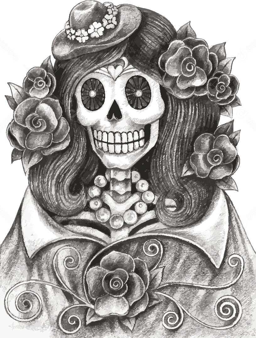 Estampa de Caveira Feminina Ilustração Vetor EPS