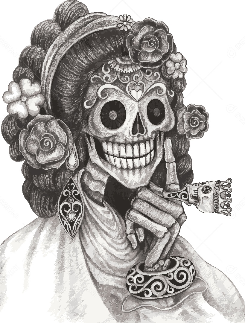 Estampa Caveira Feminina Ilustração Vetor EPS