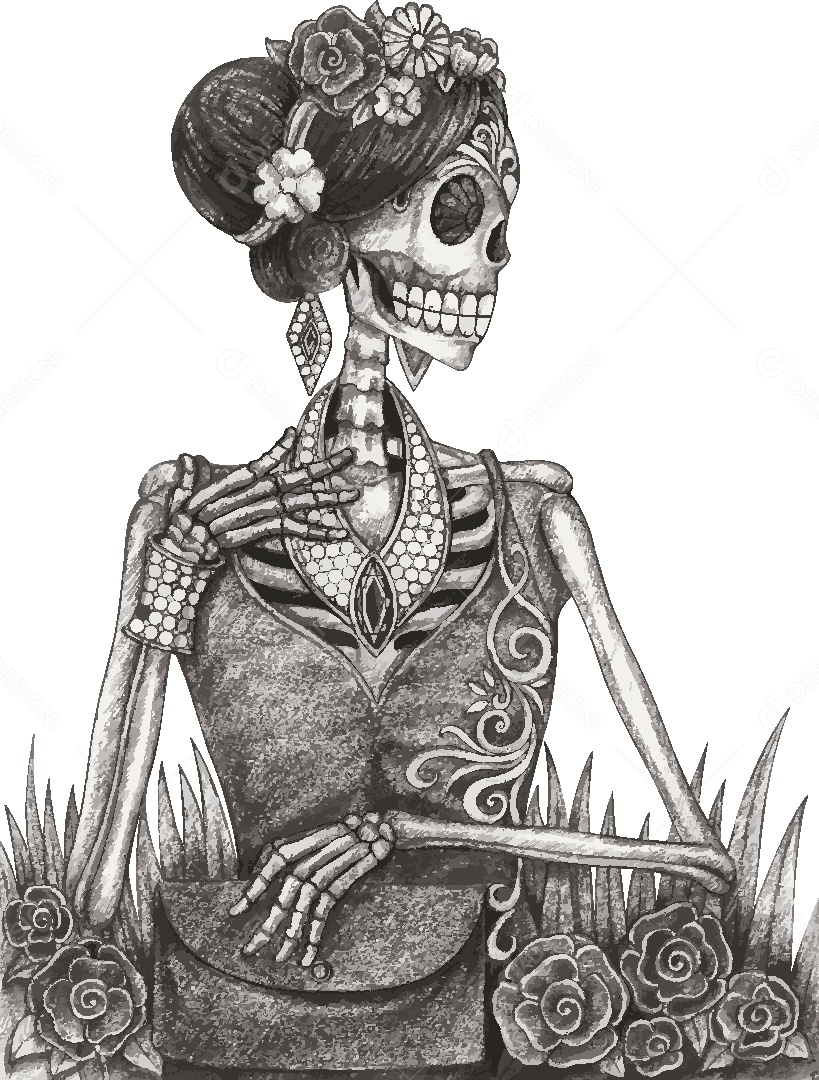 Estampa de Caveira Feminina Ilustração Vetor EPS